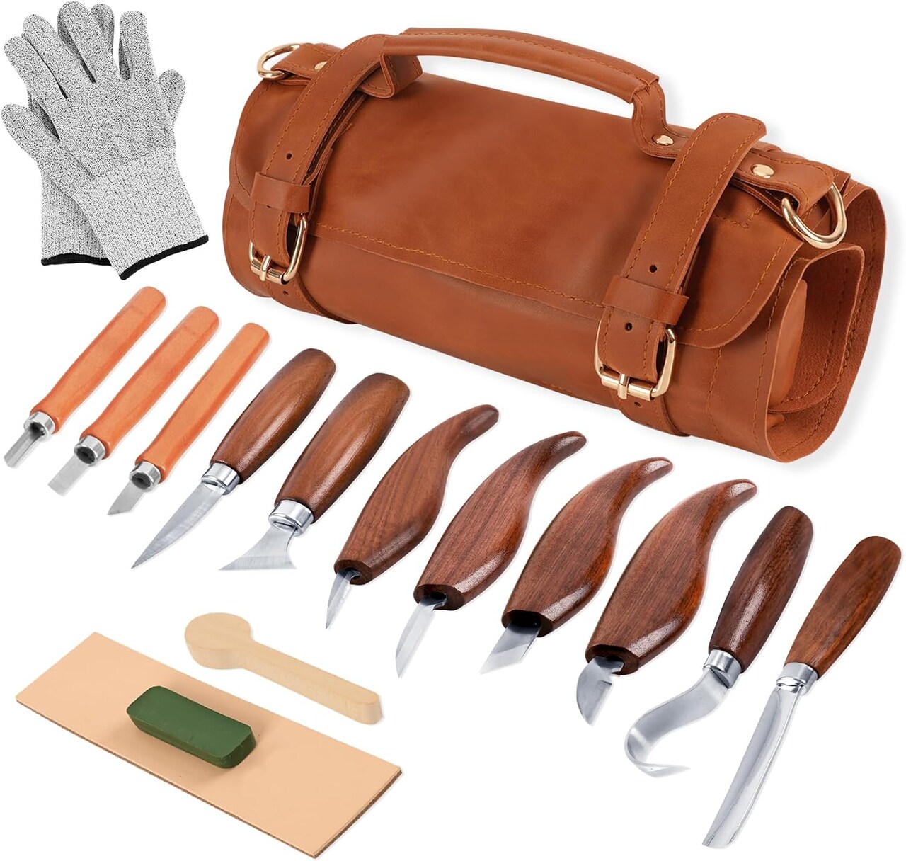 Deluxe Wood Carving Kit – 16-Piece Whittling Tools Set with 8 Whittling Knives, 3 Detail Carving Knives & Large Leather Case – Beginner & DIY Woodworking Kit (burlywood)